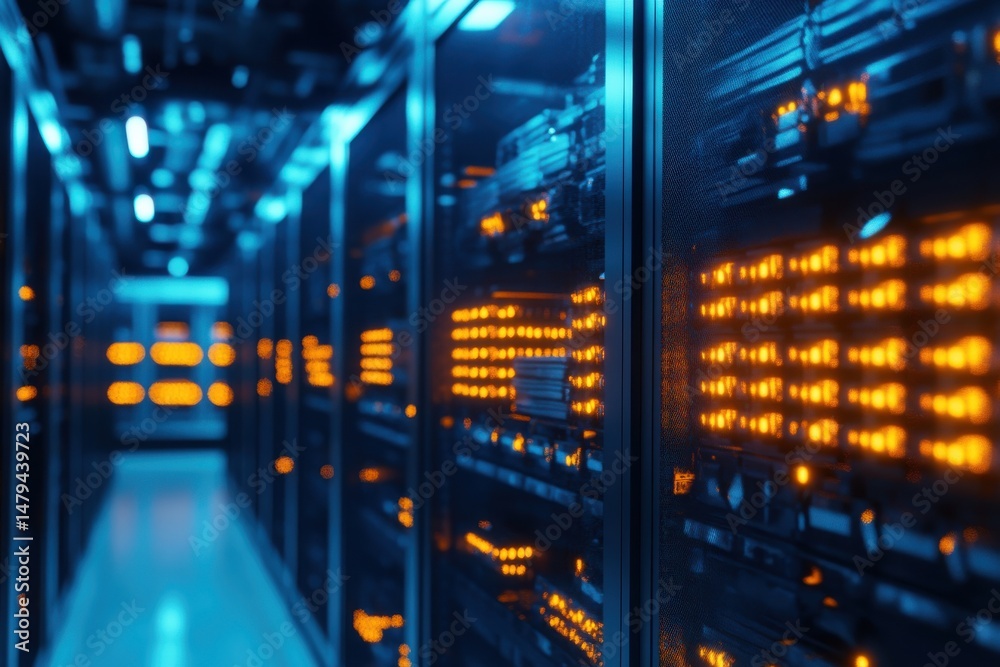Obraz premium Modern Data Center Server Room Technology Blue Orange Lights web cyber cloud racks future system 
