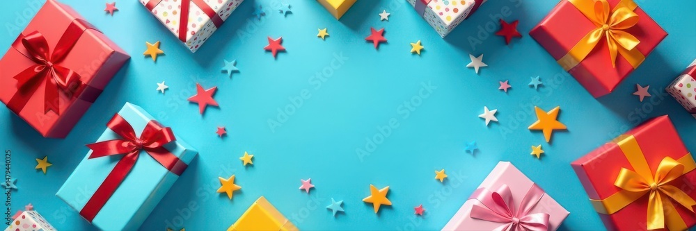 Fototapeta premium Overhead colorful gift boxes, blue background, boxes, presents, gift boxes overhead
