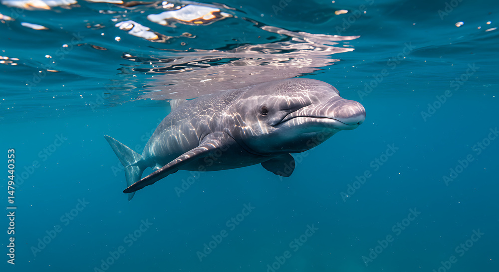 Naklejka premium Graceful Atlantic Bluefin Tuna Swimming Swiftly in Ocean Clear Waters
