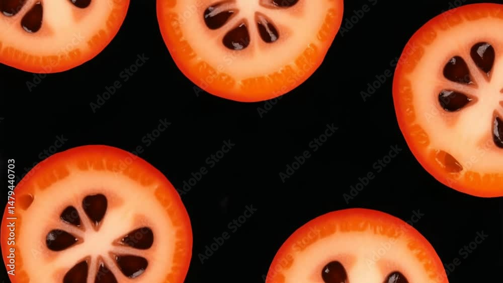 A macro close-up captures vibrant orange fruit slices, possibly kumquats or a similar citrus, revealing their juicy texture and dark seeds arranged in a star-like pattern on black background.