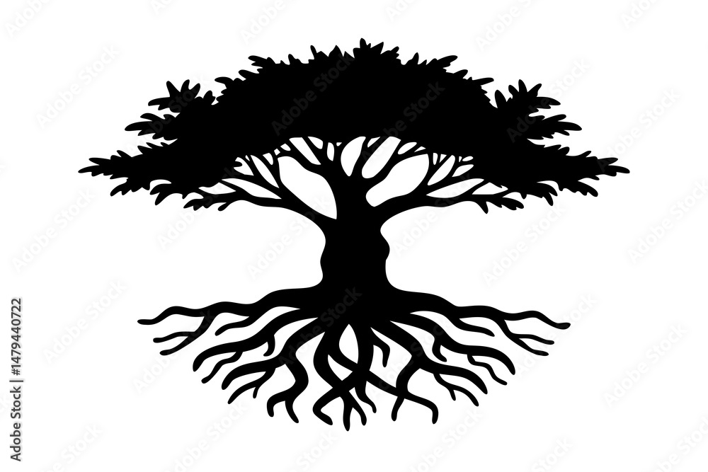 Obraz premium Tree Silhouette with Roots Forming a Mandala, Mandala Tree Design, Tree with Mandala Roots Illustration, On Transparent Background