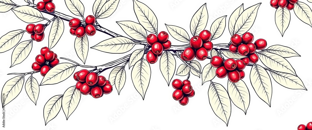 Hand-drawn outline of coffee tree branch with leaves and berries, seamless botanical pattern, texture, vector art