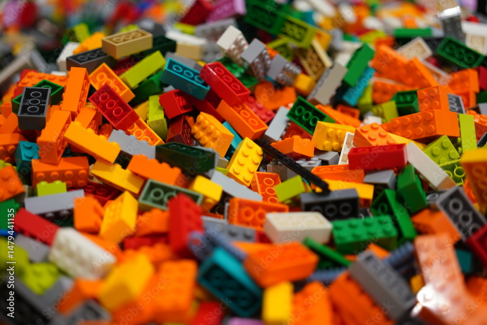 Obraz premium Bangkok, Thailand - 9 May 2025: Many colorful of Lego bricks were provied for children free playing at the LEGO retail store. Close-up and selective focus.