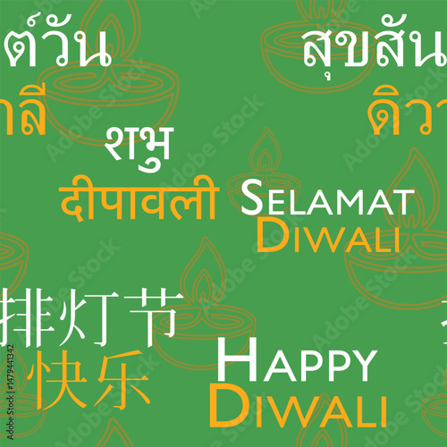 Multilingual Diwali greeting with “Happy Diwali” in Hindi, Chinese, Thai, Malay and English on vibrant festive backgrounds. Simple typographic design.