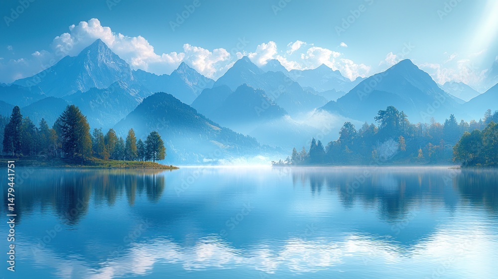Fototapeta premium Serene lake reflecting misty mountains (1)