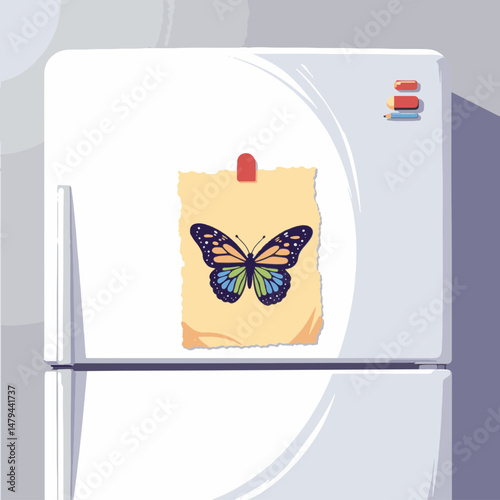 Colorful butterfly drawing on white refrigerator, home decor concept