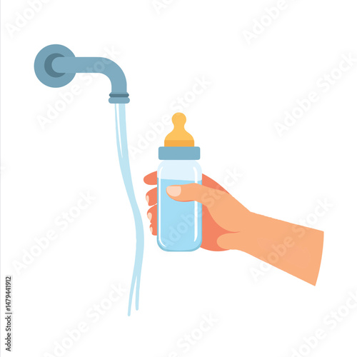 Woman cleaning baby bottle under running water, nurturing care