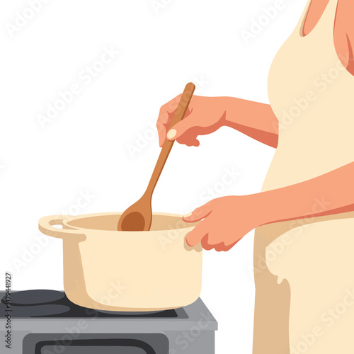 Woman preparing baby food by stirring pot on stove, nurturing moment