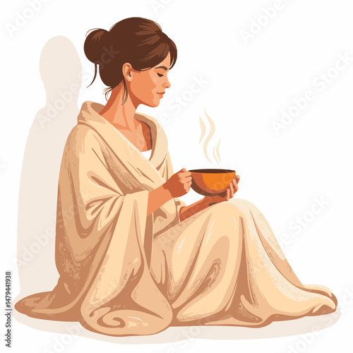 Woman enjoying soup wrapped in cozy blanket, warm relaxation