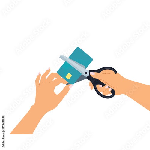Woman cutting expired credit card with scissors, financial responsibility