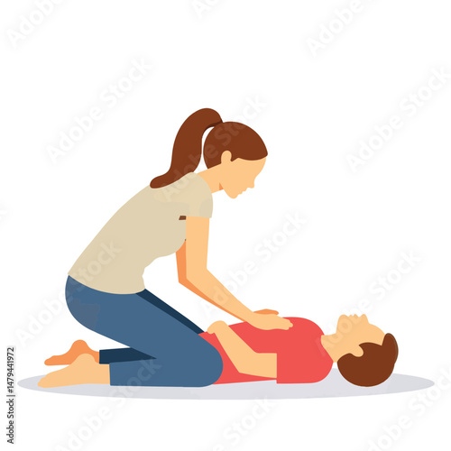 Woman performing CPR on stranger lying on ground, lifesaving action