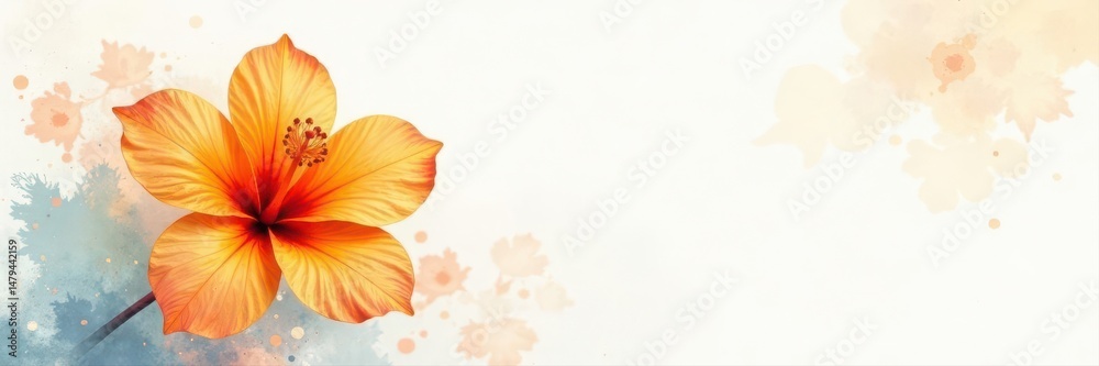 Fototapeta premium Single orange blossom, watercolor wash background, macro, natural