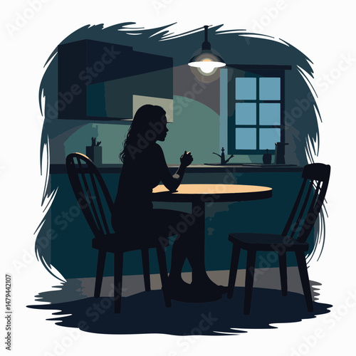 Contemplative woman sitting alone at kitchen table in dim light, reflection