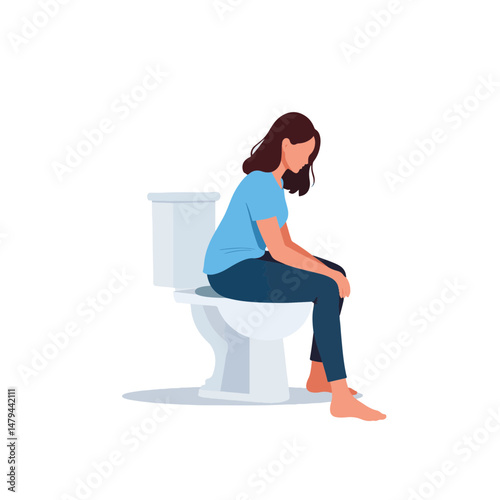 Woman sitting on toilet lid in simple bathroom, minimalist solitude