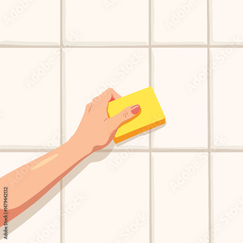 Woman scrubbing mildew in shower with yellow sponge, cleanliness concept