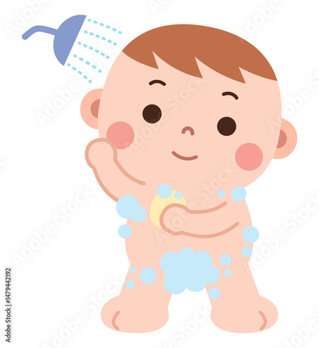 Cartoon Baby Boy Taking a Shower


