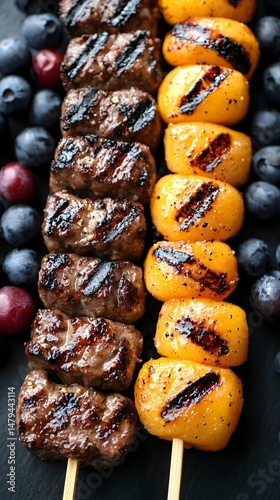 Grilled Meat and Peach Skewers with Berries