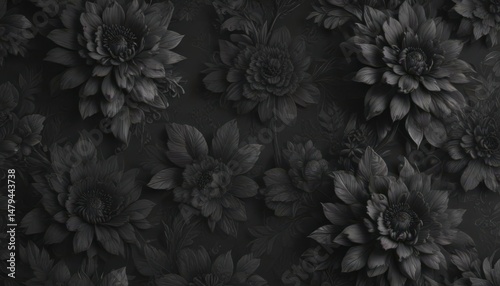 Intricate black charcoal floral wallpaper, textured, elegant design , dramatic, rich