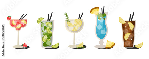 Summer vintage cocktails set. Alcohol drinks with lemon, berry, mint, ice and straw. Party, pub, restaurant or club design element. Beverages set isolated on a white background