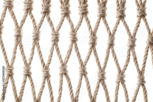 Close-up of a beige rope net with a diamond pattern. The texture and knots are clearly visible against a white background.