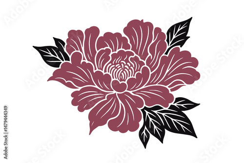 Peony flower handdrawn ink floral icon on white