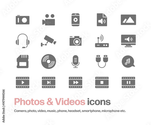 カメラ,写真,ビデオ,マイク,音楽,メディア,ヘッドフォン等のアイコンセット