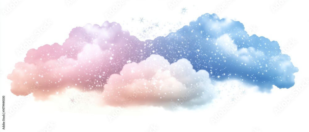 Obraz premium Pastel Clouds with Sparkles Illustration on White Background Dreamy Celestial Scene Graphic Resource
