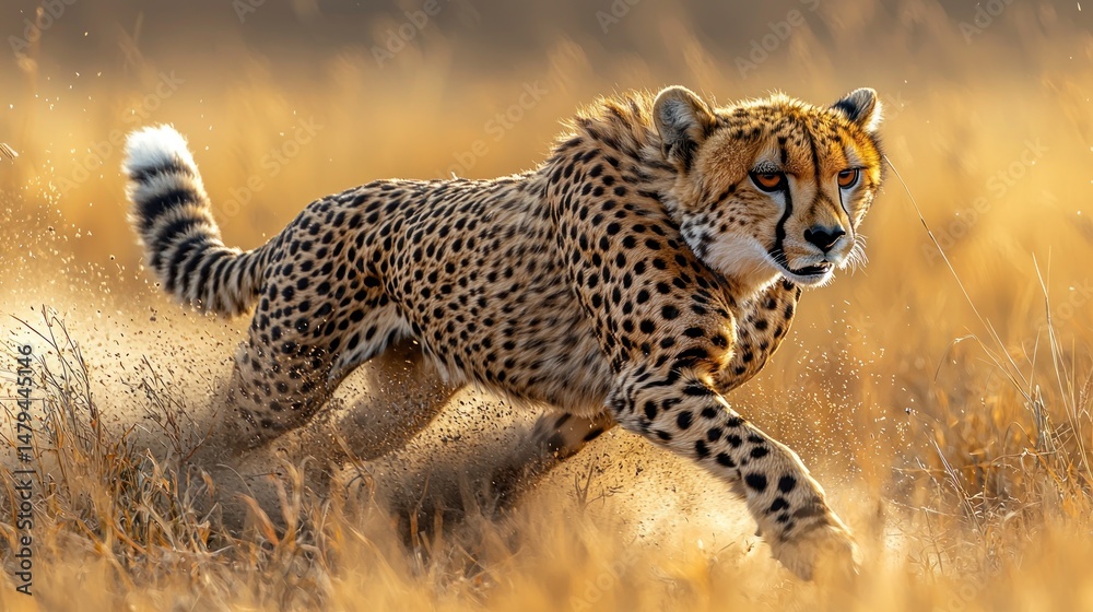 Fototapeta premium Cheetah in action, golden light, African savanna