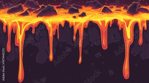 Cartoon Lava Flowing Down Dark Rock Face Close Up Illustration Hot Molten Magma River Dripping