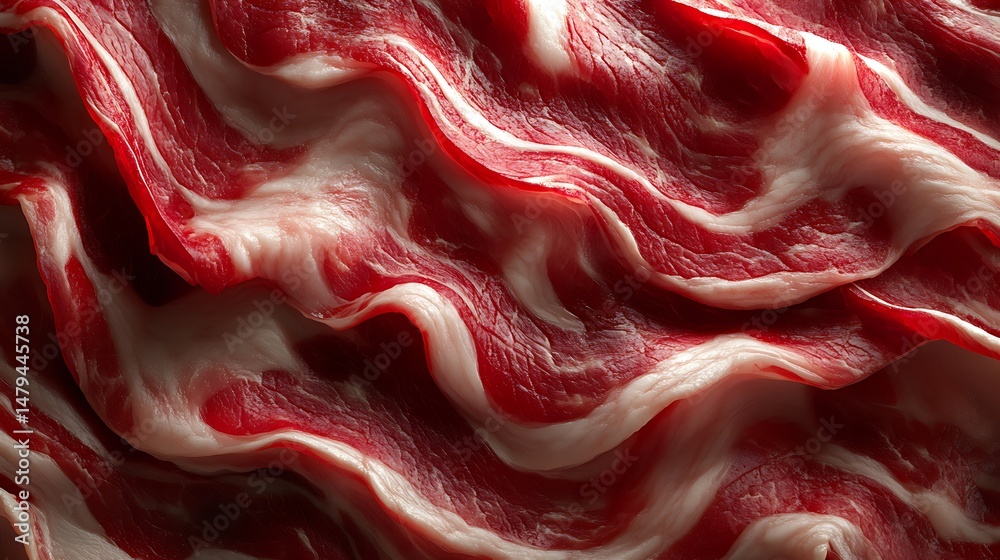 Obraz premium Abstract Wavy Red and White Pattern, Close-up of wavy red and white abstract pattern resembling bacon strips