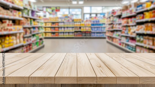 Empty Wooden Table Top with Blurred Supermarket Aisle Background empty supermarket aisle background photo