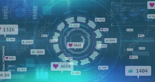 Circular HUD being animated in 3D dashboard, showing floating heart thumbs-up and user icons