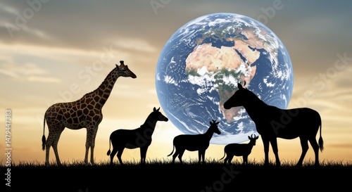 Earth & Wildlife Silhouette Conservation Theme; Sunset Background, Animal Welfare Concept photo