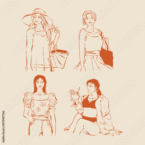 Stylish set of half-body female illustrations featuring women in summer outfits, line-drawn in monochrome orange, showcasing accessories, hats, drinks, and relaxed vacation fashion.