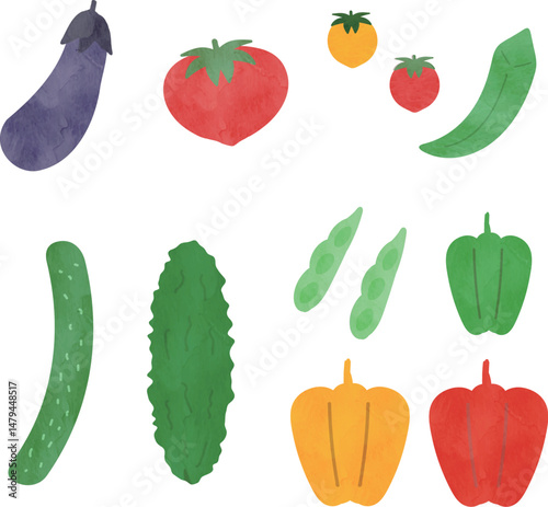 水彩タッチのかわいい夏野菜のイラストセット