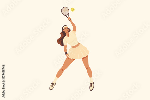 Female tennis player serving the ball in a minimalist style