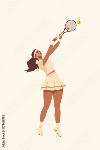 Female tennis player serving the ball in a minimalist style