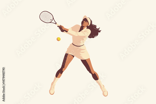 Female tennis player serving the ball in a minimalist style