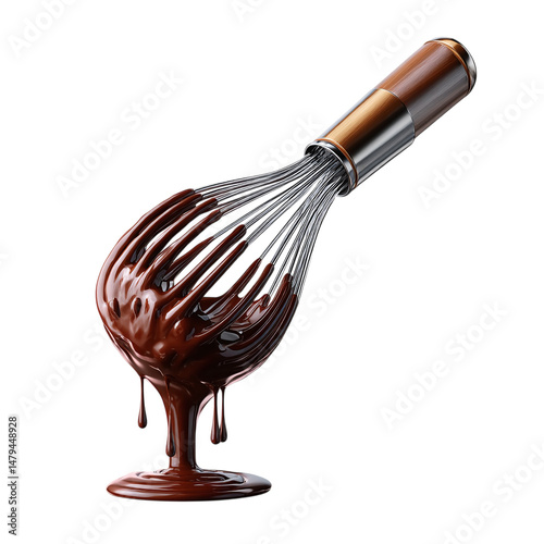 metal whisk with chocolate batter drip, isolated on transparent background