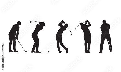 Golf, group of golf players, set of isolated vector silhouettes. Golf swing