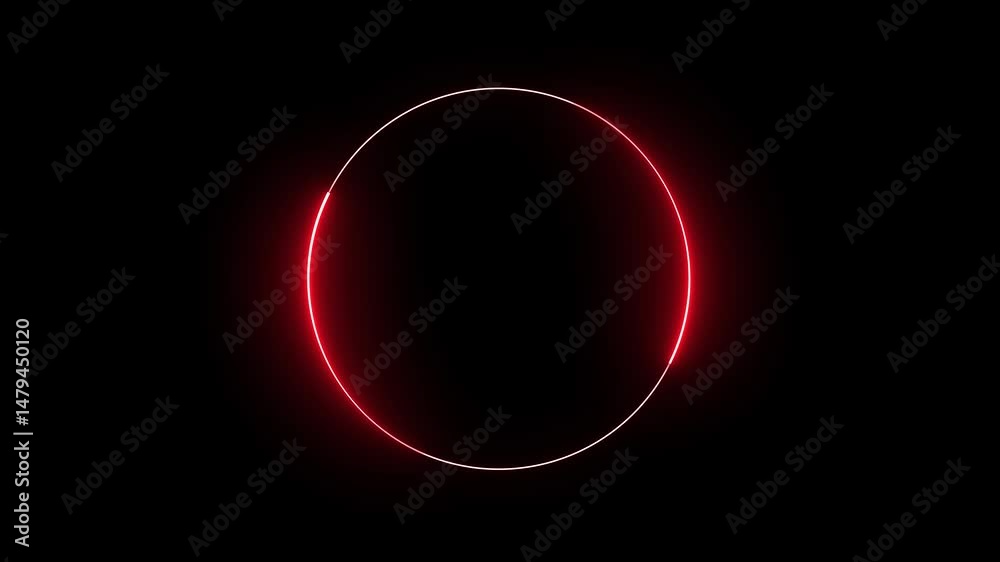 Glowing neon red circle loading animation in retro style on black background. 4k video