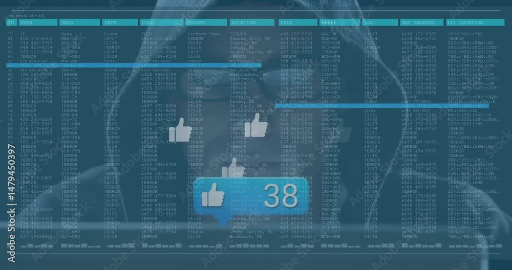 Adult male developer typing on laptop in tech workspace, with scrolling code and thumbs-up icons