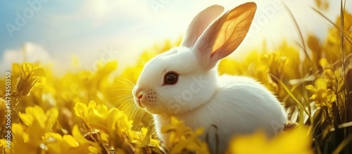 Easter bunny with a basket of colorful eggs. Basket with colored eggs. Fluffy rabbit on a spring flower field. Easter party concept. Lots of pink, blue, yellow and red eggs on a blurred background.