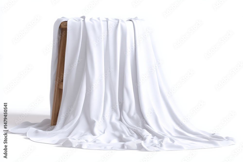 Fototapeta premium Clean white fabric draped elegantly over a simple wooden stool against a bright white background. A minimalist image perfect for various uses.