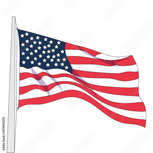A vibrant illustration of the American flag waving on a flagpole against a blue sky. Suitable for Independence Day, patriotic events, national holidays, and United States government visuals