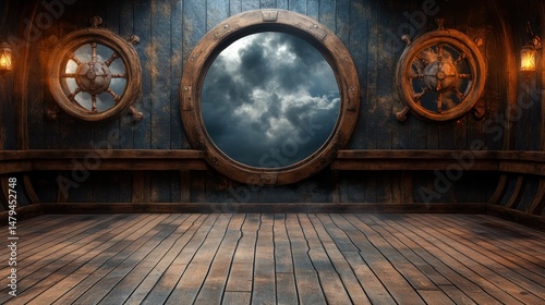Interior of antique wooden ship with portholes and stormy sky view, low angle perspective, nautical design