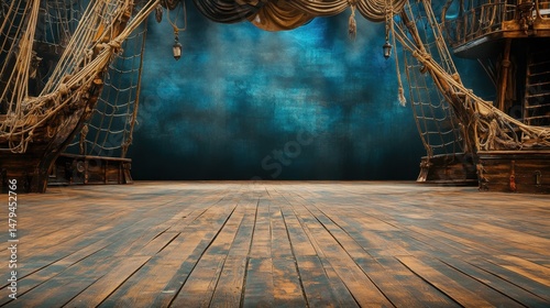 Fototapeta Naklejka Na Ścianę i Meble -  Pirate ship deck and rigging with blue backdrop stage set for theatrical performance or nautical themed event low angle