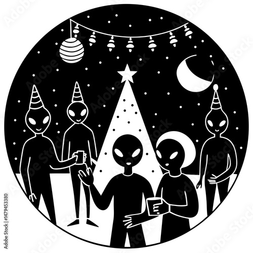Alien Christmas party in space silhouette  vector illustration