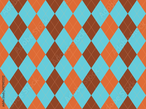 Vibrant argyle pattern in teal, burnt orange, and brown.  Perfect for backgrounds, textiles, or playful branding.