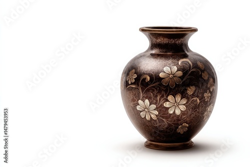 Elegant dark brown vase with intricate floral brass inlay.  A beautiful decorative piece for any home.